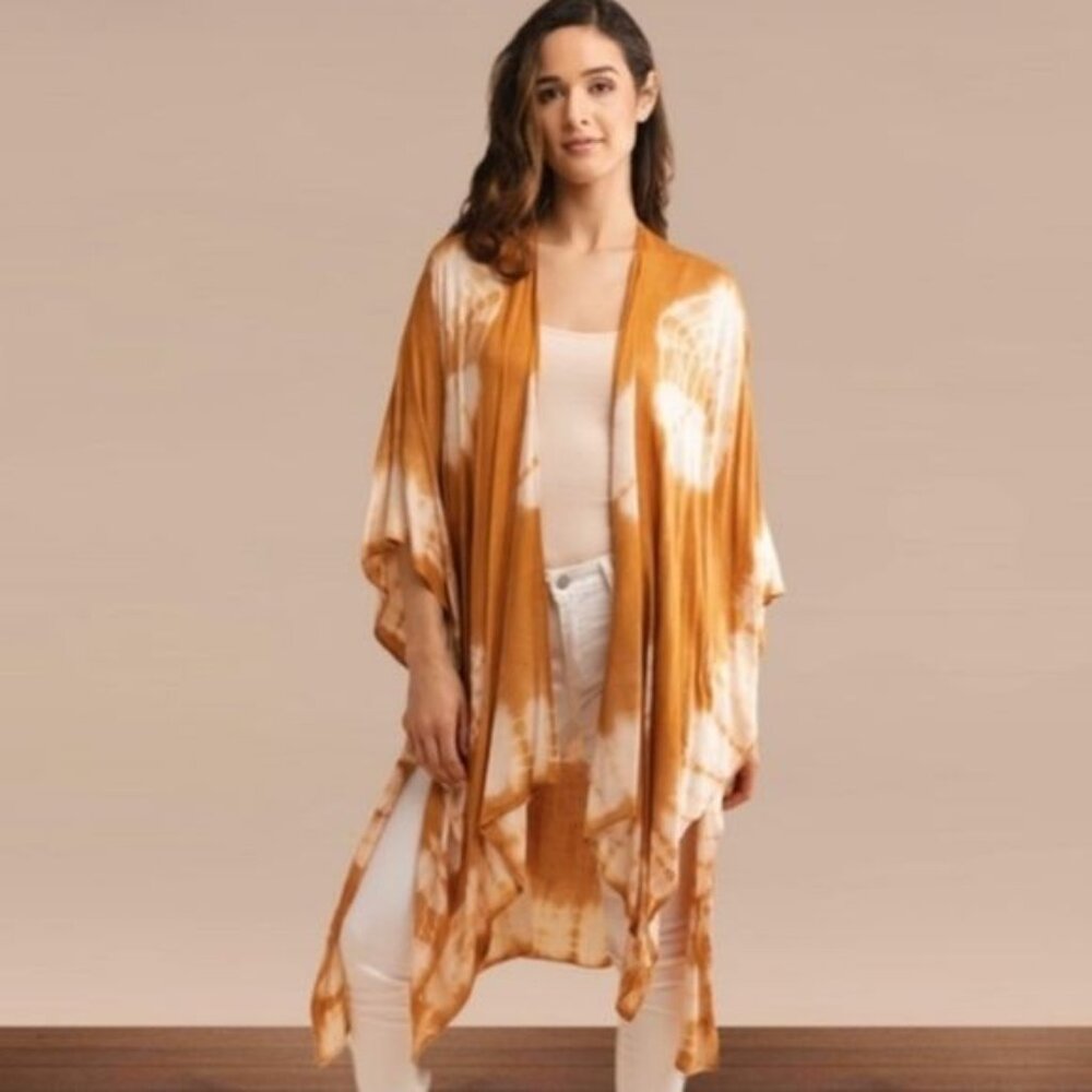 Saachi Open Front‎ Tie Dye Long Ruana Kimono in Sienna Rust